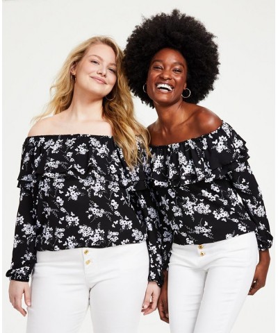 Women's Botanical-Print Off-the-Shoulder Top P/XS-3X Black/ White $49.98 Tops