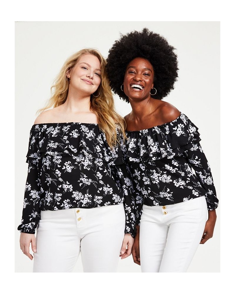 Women's Botanical-Print Off-the-Shoulder Top P/XS-3X Black/ White $49.98 Tops