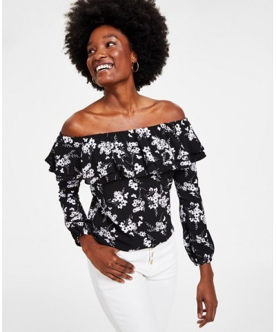 Women's Botanical-Print Off-the-Shoulder Top P/XS-3X Black/ White $49.98 Tops