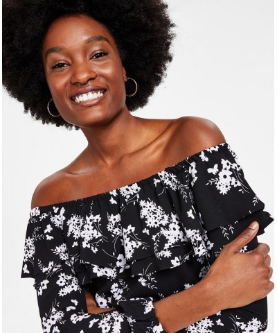 Women's Botanical-Print Off-the-Shoulder Top P/XS-3X Black/ White $49.98 Tops