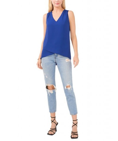 Women's V-Neck Overlap Sleeveless Top Blue $20.56 Tops