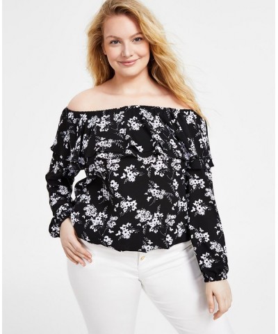 Women's Botanical-Print Off-the-Shoulder Top P/XS-3X Black/ White $49.98 Tops