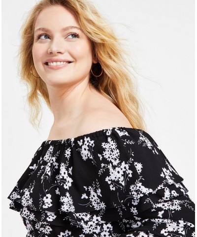 Women's Botanical-Print Off-the-Shoulder Top P/XS-3X Black/ White $49.98 Tops