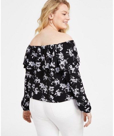 Women's Botanical-Print Off-the-Shoulder Top P/XS-3X Black/ White $49.98 Tops