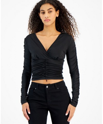 Juniors' V-Neck Ruched Long-Sleeve Top Black $11.52 Tops