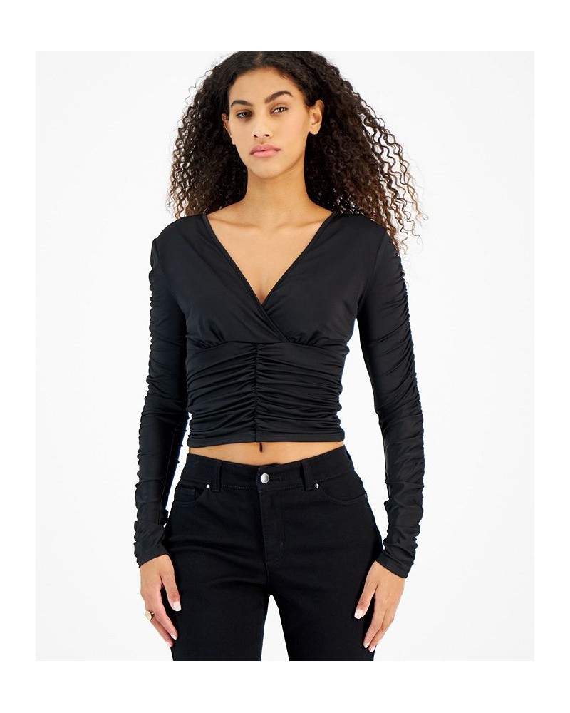 Juniors' V-Neck Ruched Long-Sleeve Top Black $11.52 Tops