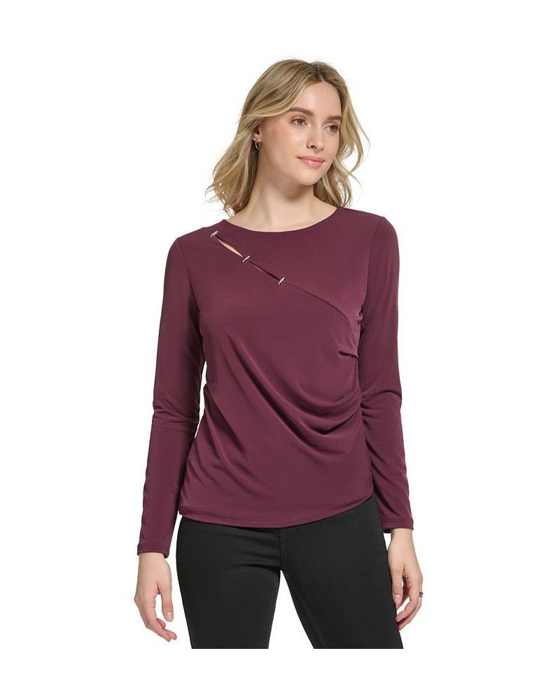 Women's Long Sleeve Cutout Detail Matte Jersey Top Purple $30.50 Tops