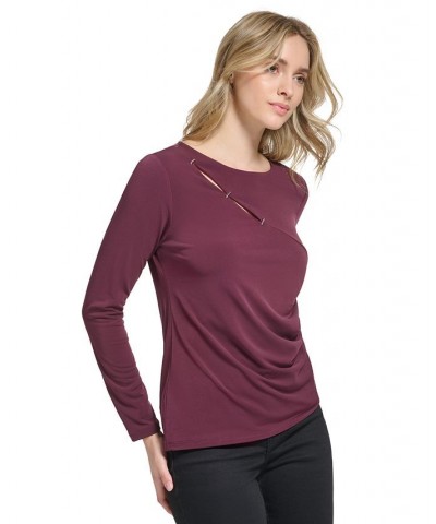 Women's Long Sleeve Cutout Detail Matte Jersey Top Purple $30.50 Tops