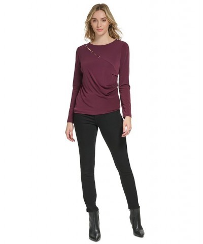 Women's Long Sleeve Cutout Detail Matte Jersey Top Purple $30.50 Tops