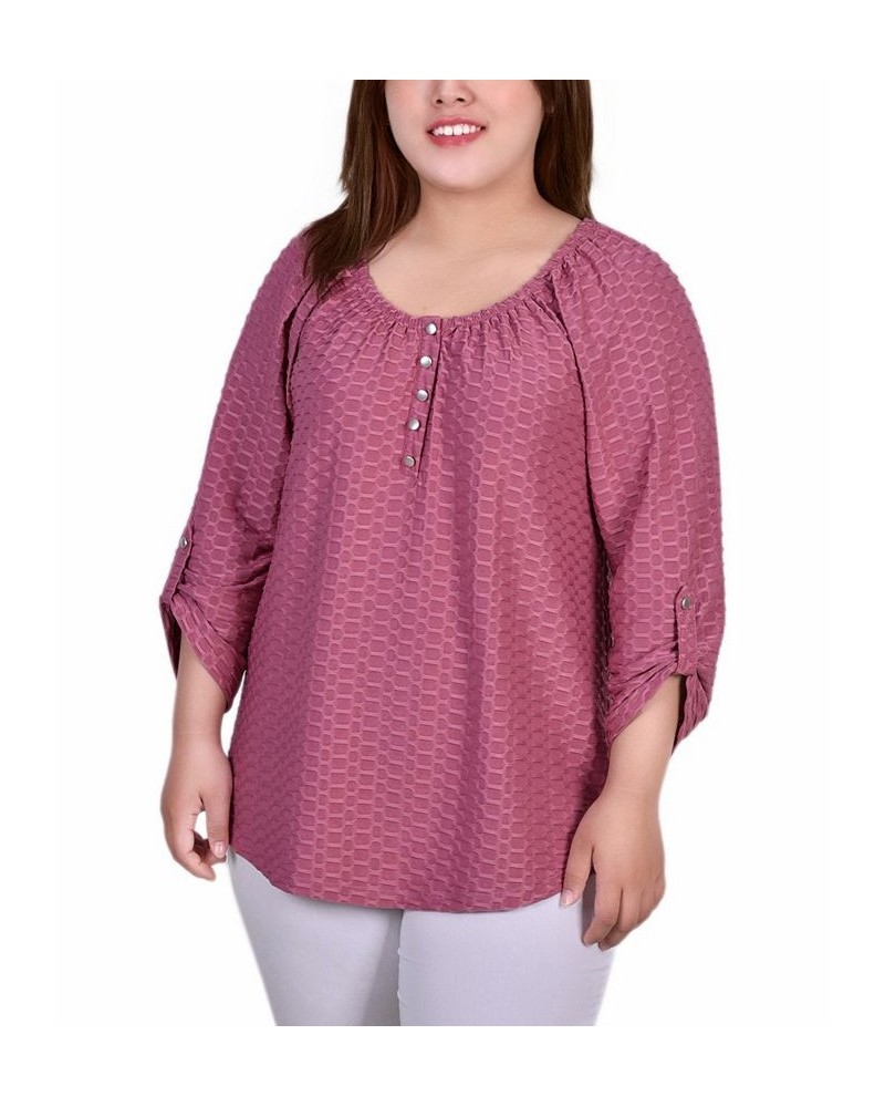 Plus Size 3/4 Sleeve Honeycomb Henley Top Purple $11.32 Tops