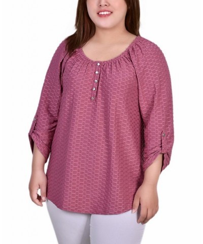 Plus Size 3/4 Sleeve Honeycomb Henley Top Purple $11.32 Tops