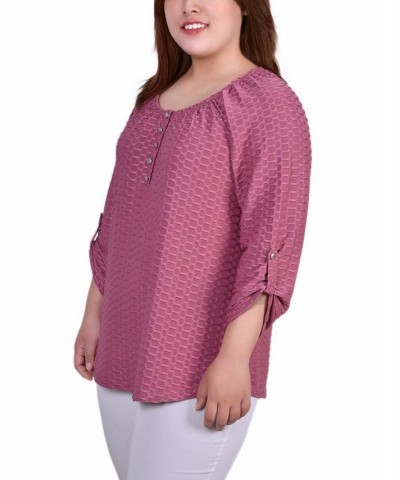 Plus Size 3/4 Sleeve Honeycomb Henley Top Purple $11.32 Tops