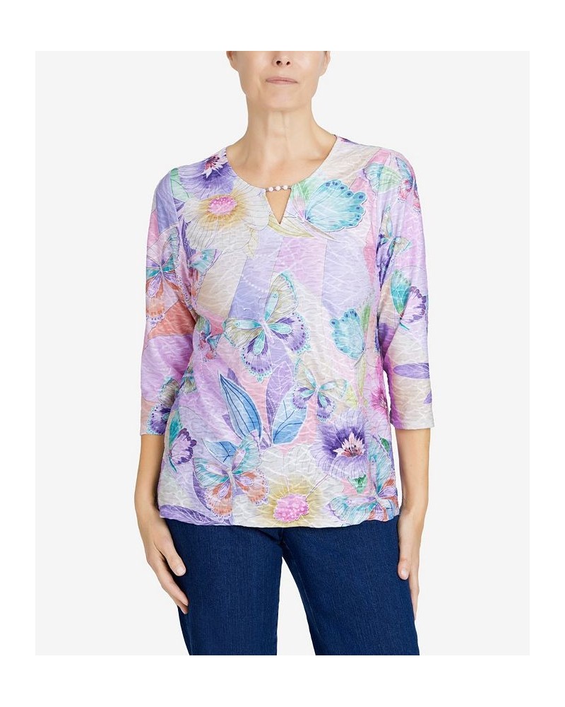 Women's Classics Butterfly Colorblock Split Neck 3/4 Sleeve Top Lilac $30.32 Tops