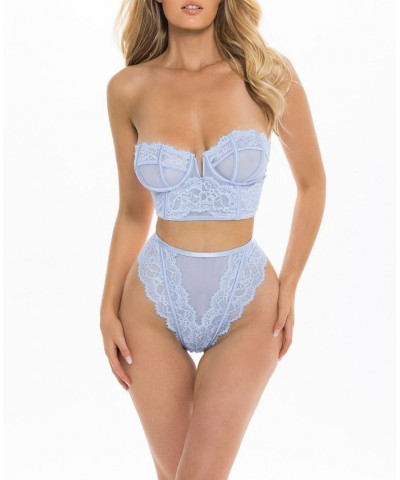 Women's Strapless Underwire Bustier with Eyelash Lace and Matching Panty 2 Piece Brunnera Blue $21.34 Lingerie