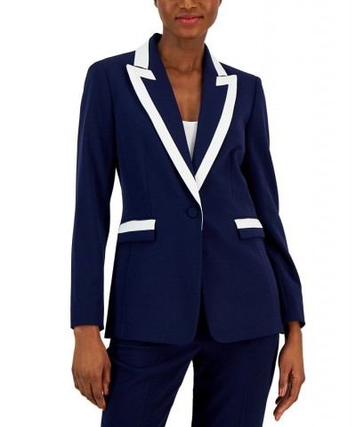 Women's Contrast Trim Peak-Lapel Blazer Midnight Navy/ivory $64.22 Jackets