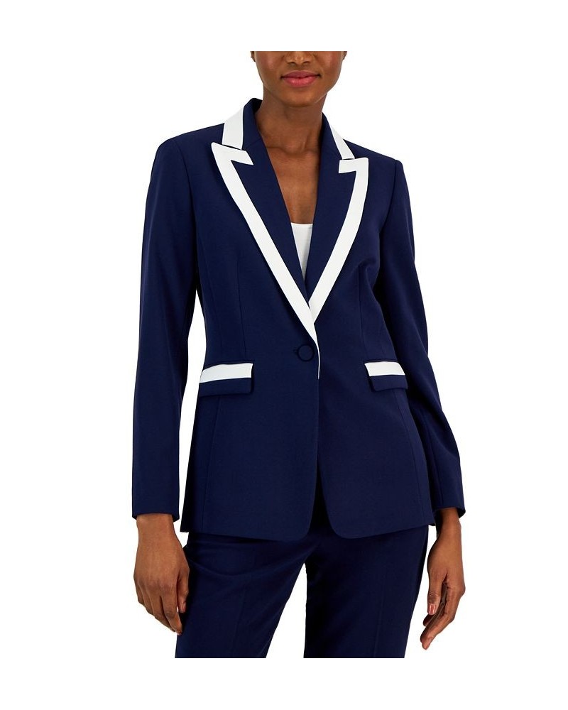 Women's Contrast Trim Peak-Lapel Blazer Midnight Navy/ivory $64.22 Jackets