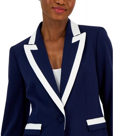 Women's Contrast Trim Peak-Lapel Blazer Midnight Navy/ivory $64.22 Jackets