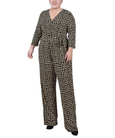 Plus Size 3/4 Sleeve Belted Jumpsuit Black Gold Chain Link $15.58 Pants