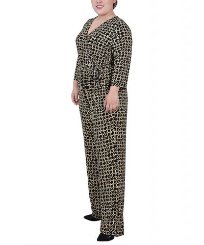 Plus Size 3/4 Sleeve Belted Jumpsuit Black Gold Chain Link $15.58 Pants