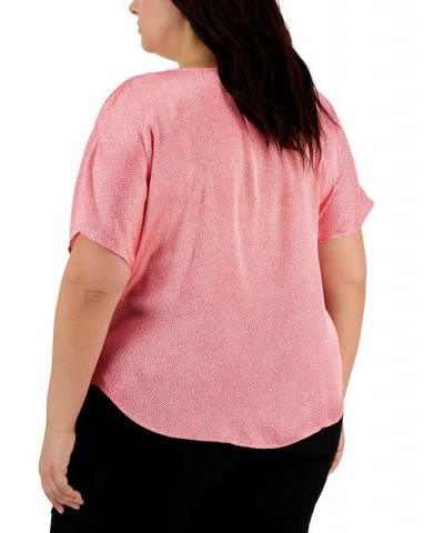 Plus Size Printed Satin Short Sleeve Blouse Pink $34.61 Tops