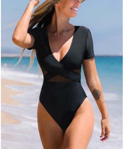 Women's Party in Paradise Wrap Mesh Rashguard One Piece Swimsuit Black $22.05 Swimsuits