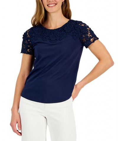 Petite Lace-Yoke Short-Sleeve Top Intrepid Blue $18.77 Tops