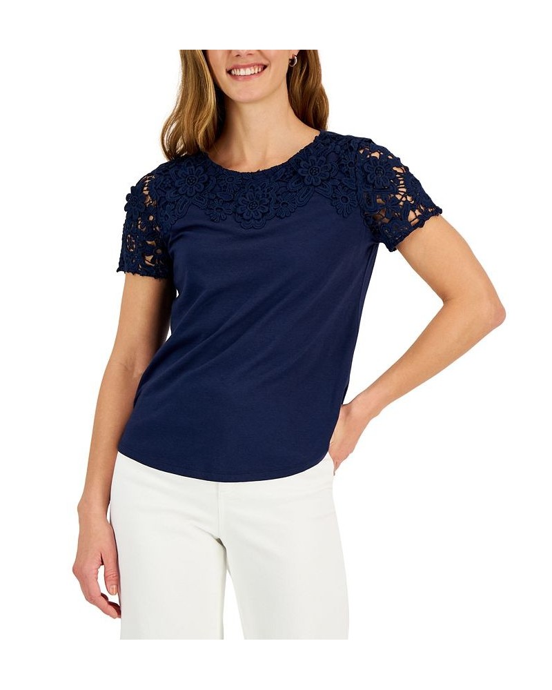 Petite Lace-Yoke Short-Sleeve Top Intrepid Blue $18.77 Tops