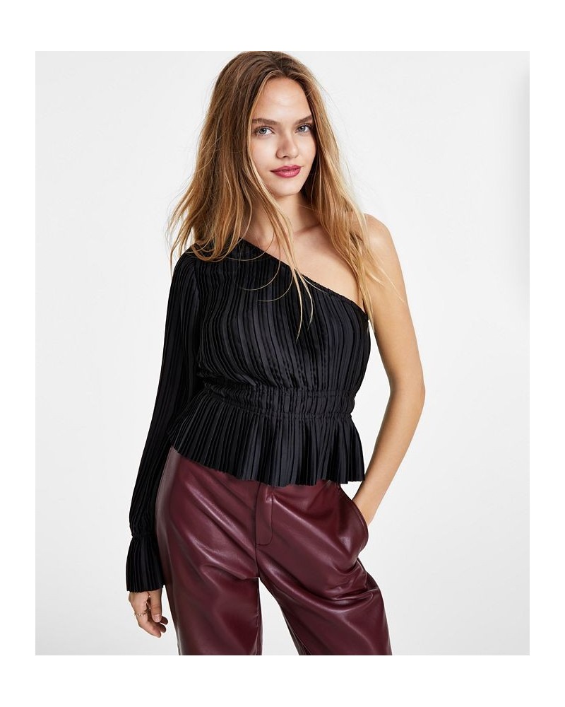 Women's Pleated Asymmetric One-Shoulder Top Black $15.76 Tops