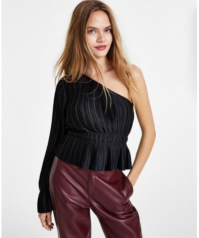 Women's Pleated Asymmetric One-Shoulder Top Black $15.76 Tops