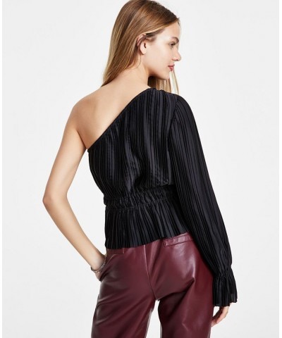 Women's Pleated Asymmetric One-Shoulder Top Black $15.76 Tops