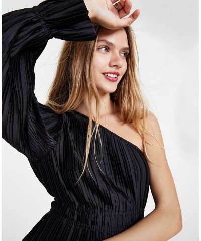 Women's Pleated Asymmetric One-Shoulder Top Black $15.76 Tops