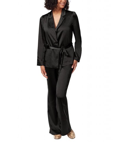 Women's Lyra Belted Notched-Collar Satin Blazer Black $48.13 Jackets