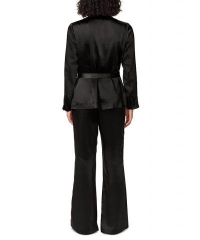 Women's Lyra Belted Notched-Collar Satin Blazer Black $48.13 Jackets