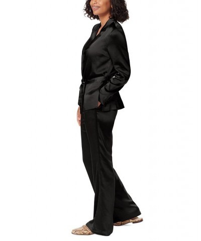 Women's Lyra Belted Notched-Collar Satin Blazer Black $48.13 Jackets