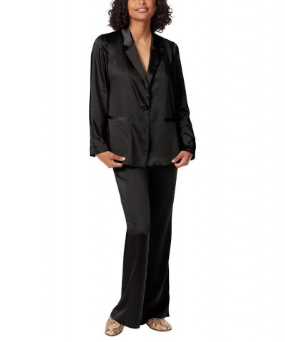 Women's Lyra Belted Notched-Collar Satin Blazer Black $48.13 Jackets