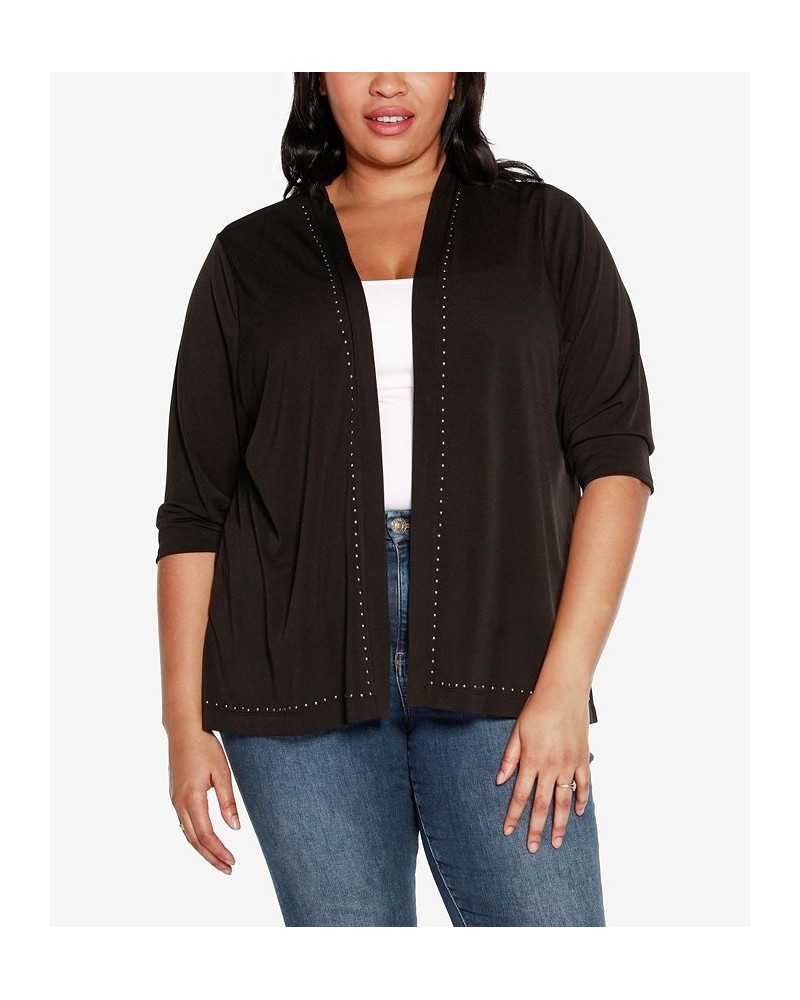 Black Label Plus Size Stud Trim 3/4 Sleeve Cardigan Black $22.58 Sweaters