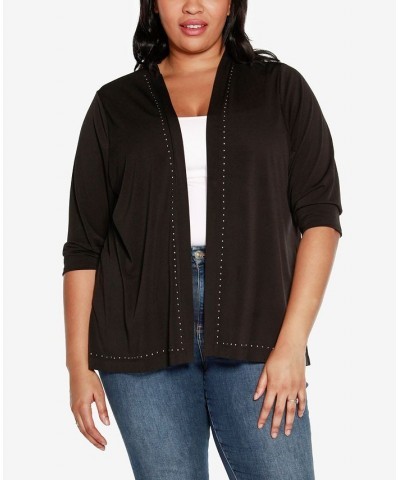 Black Label Plus Size Stud Trim 3/4 Sleeve Cardigan Black $22.58 Sweaters