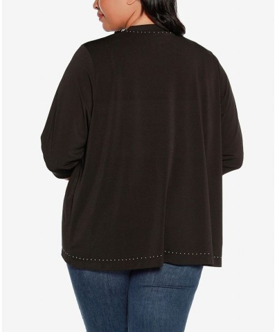 Black Label Plus Size Stud Trim 3/4 Sleeve Cardigan Black $22.58 Sweaters