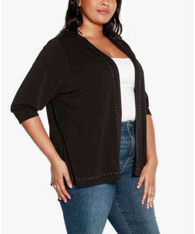 Black Label Plus Size Stud Trim 3/4 Sleeve Cardigan Black $22.58 Sweaters