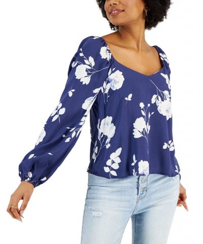 Petite Floral-Print Peasant Blouse Navy $14.62 Tops