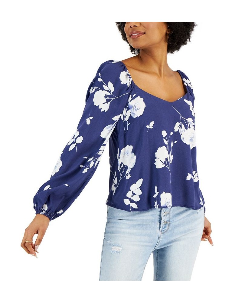 Petite Floral-Print Peasant Blouse Navy $14.62 Tops