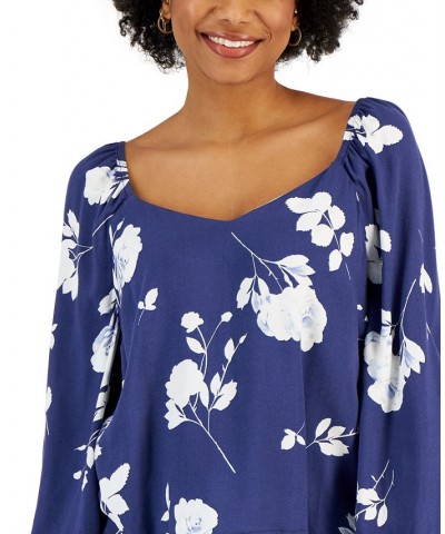 Petite Floral-Print Peasant Blouse Navy $14.62 Tops