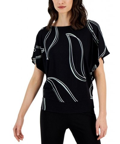 Petite Printed Boat Neck Batwing-Sleeve Top Black Leaf $20.85 Tops