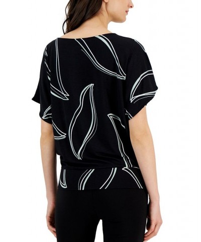 Petite Printed Boat Neck Batwing-Sleeve Top Black Leaf $20.85 Tops