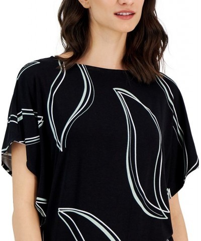 Petite Printed Boat Neck Batwing-Sleeve Top Black Leaf $20.85 Tops