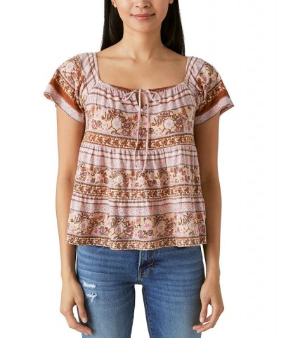 Women's Tie-Neck Tiered Swing Top Brown Multi $29.89 Tops