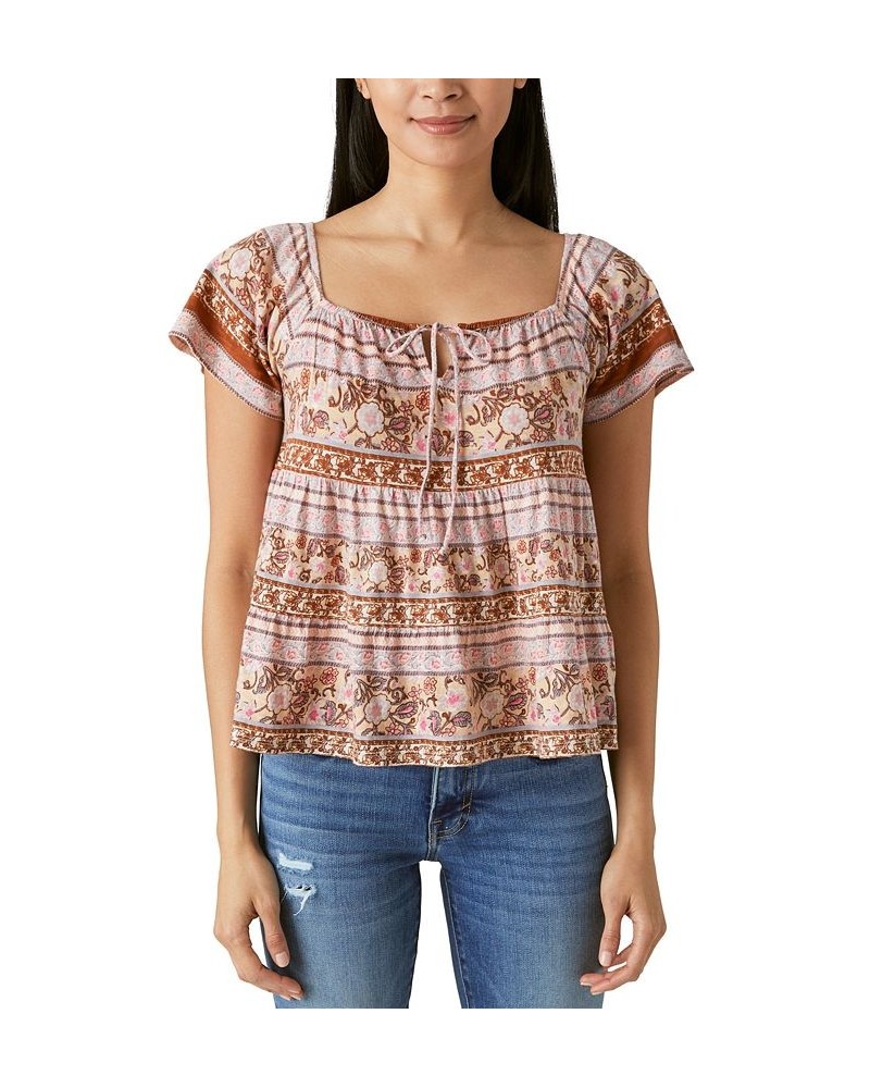 Women's Tie-Neck Tiered Swing Top Brown Multi $29.89 Tops