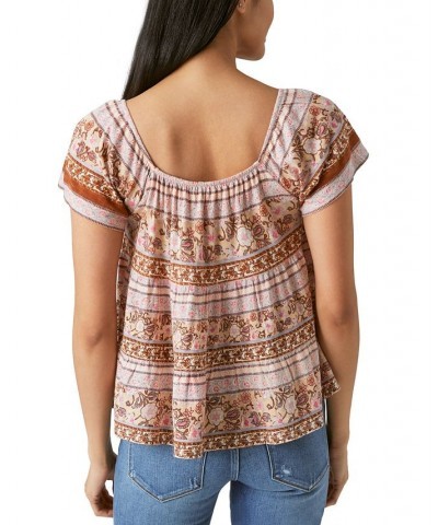 Women's Tie-Neck Tiered Swing Top Brown Multi $29.89 Tops