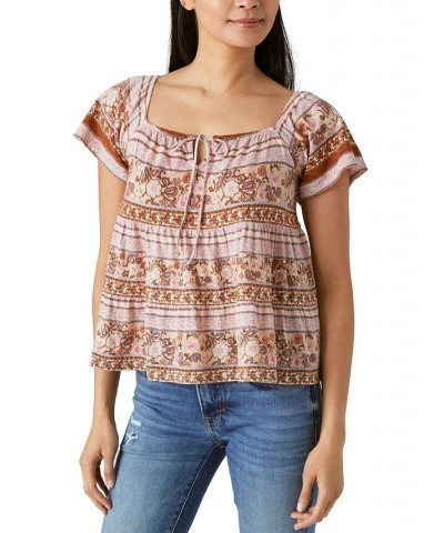 Women's Tie-Neck Tiered Swing Top Brown Multi $29.89 Tops