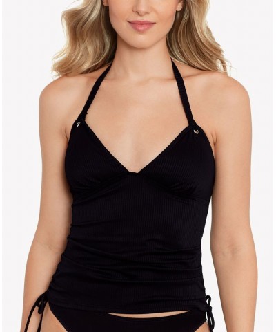 Juniors' Ribbed Shirred Halter Tankini Top Black $18.00 Swimsuits